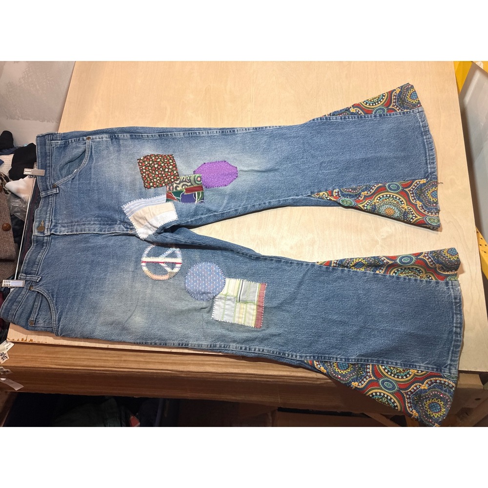 Wrangler Custom Patchwork Vintage Bell Bottom Jeans Paisley Peace Sign 40x29
